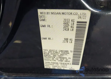 2022 Nissan Altima Sv Intelligent Awd z USA, uszkodzony, nr VIN 1N4BL4DW6NN366681